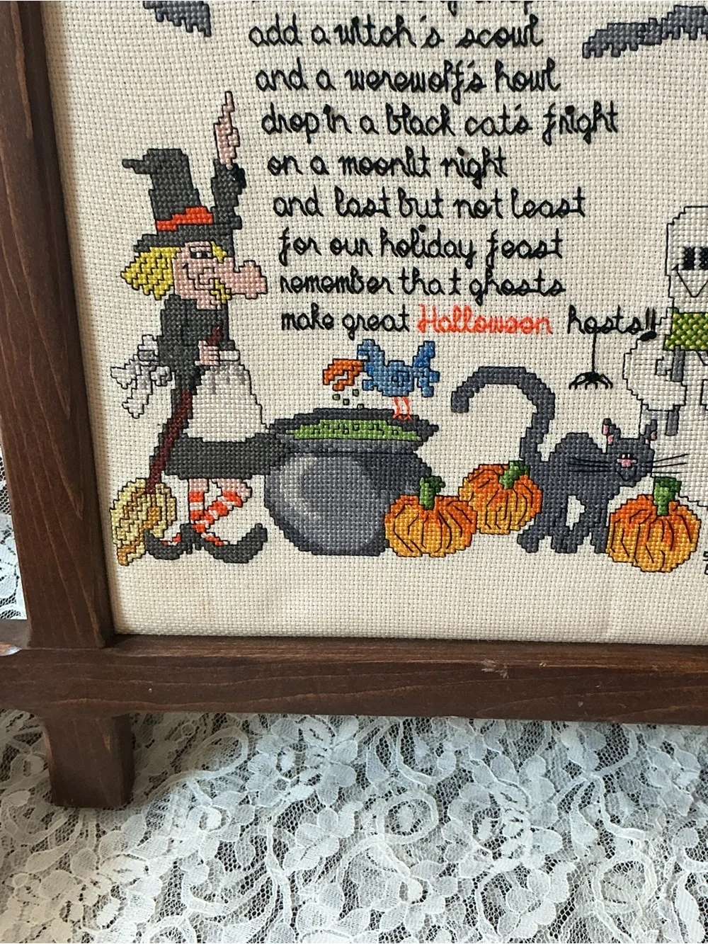 Vintage Completed Halloween Brew Cross Stitch Framed Wood Ox-Bow 1983 Whimsical